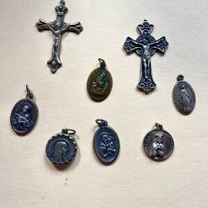 Silver Religious Pendants, 2 or 3 marked as sterling, others are silver tone